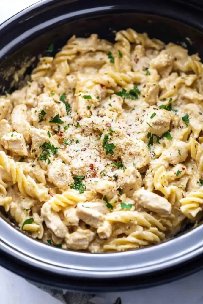 Crockpot Parmesan Garlic Chicken Pasta