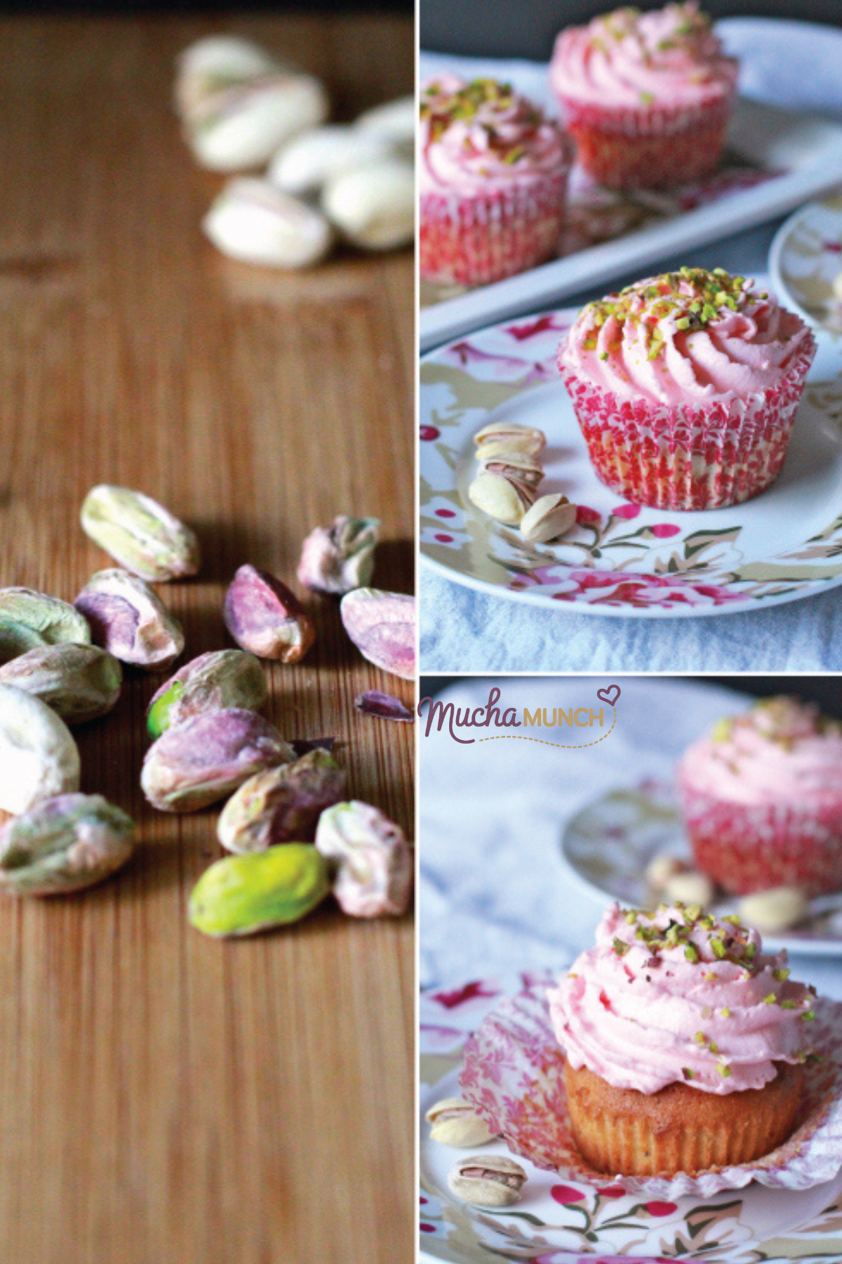 Rosewater and Pistachio Cupcakes with pink frosting, pistachio topping, and pistachio nuts on a wooden surface.