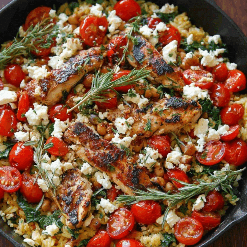 Greek Chicken and Lemon Rice chicken rice feta tomatoes