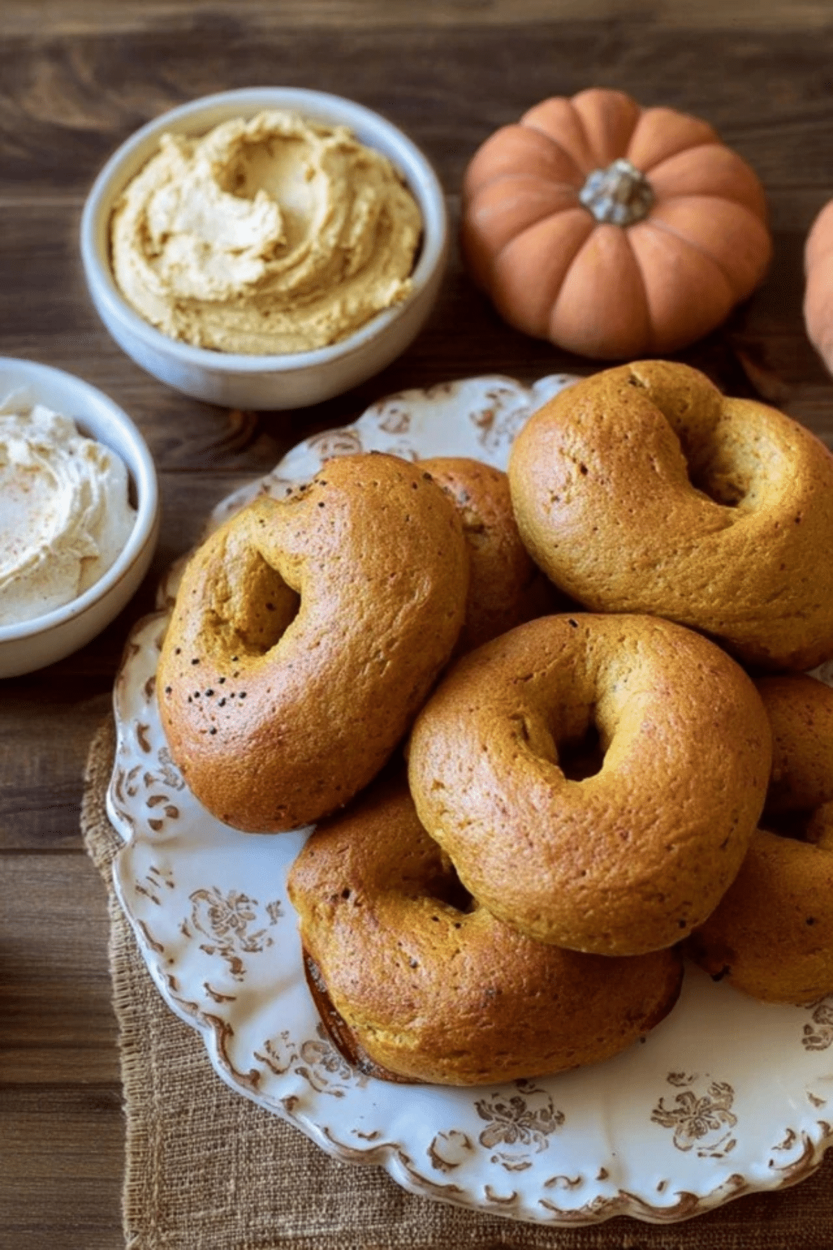 Pumpkin Sourdough Bagels with Pumpkin Spice Cream Cheese 