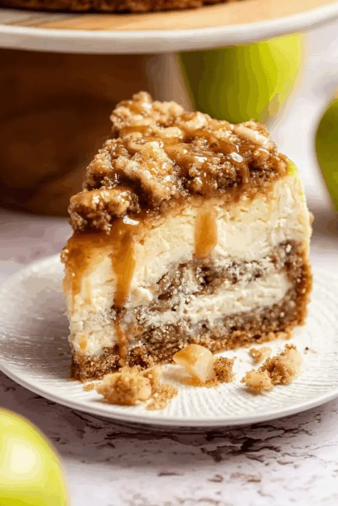 Irresistible Apple Crumble Cheesecake with apples and crumble topping
