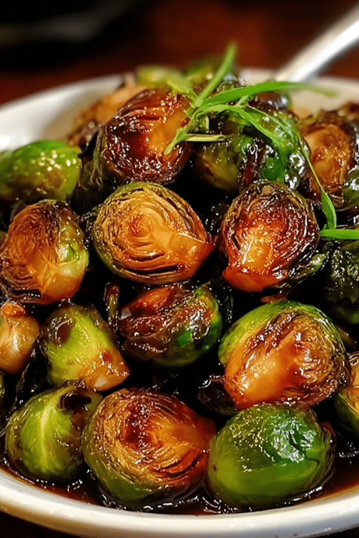 Balsamic Glazed Brussels Sprouts with crispy edges and rich glaze