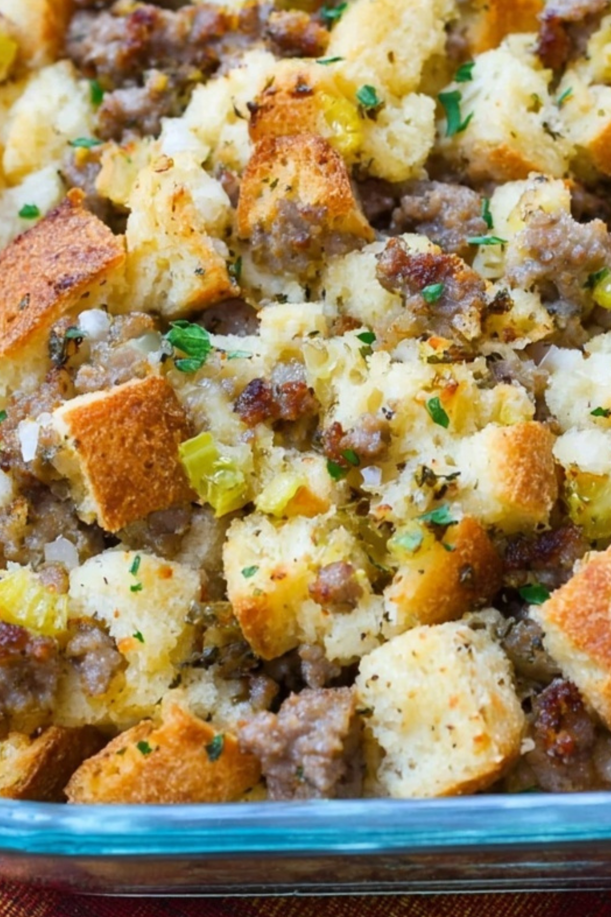 Best Italian Sausage and Herb Stuffing in a casserole dish