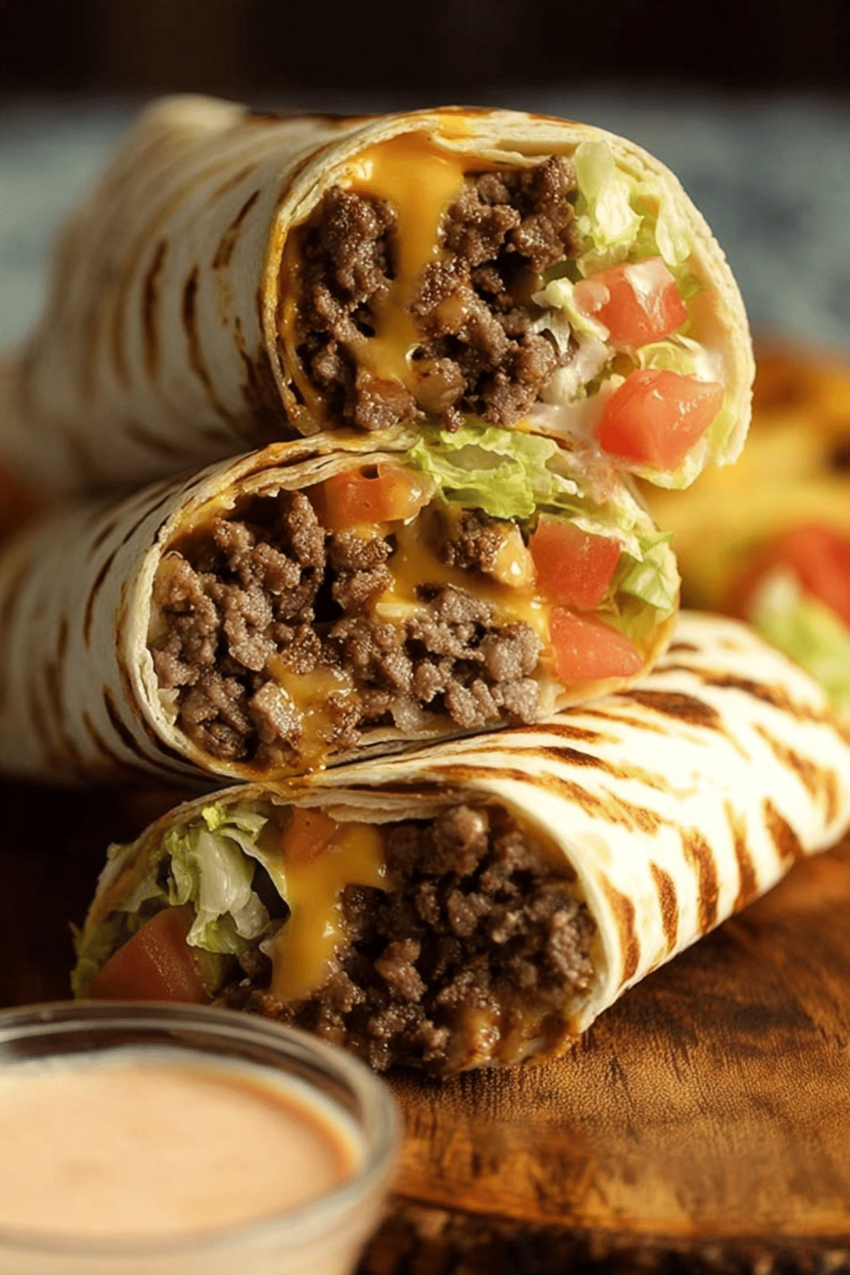 Burrito Style Cheeseburger Wraps filled with beef, bacon, cheese, and fresh veggies