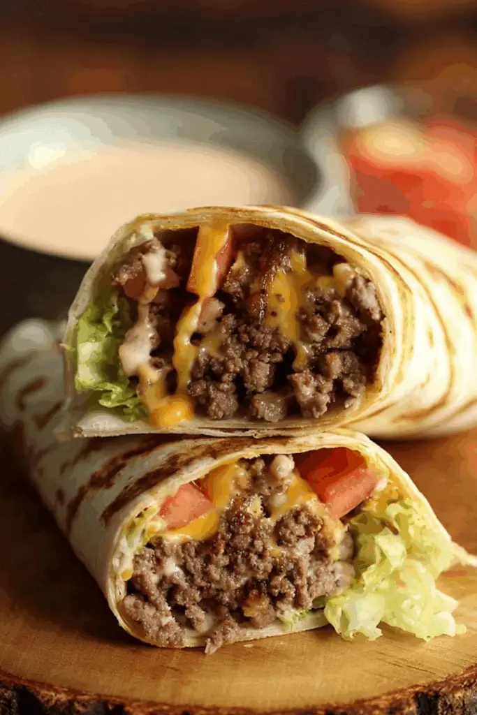 Burrito Style Cheeseburger Wraps filled with beef, bacon, cheese, and fresh veggies