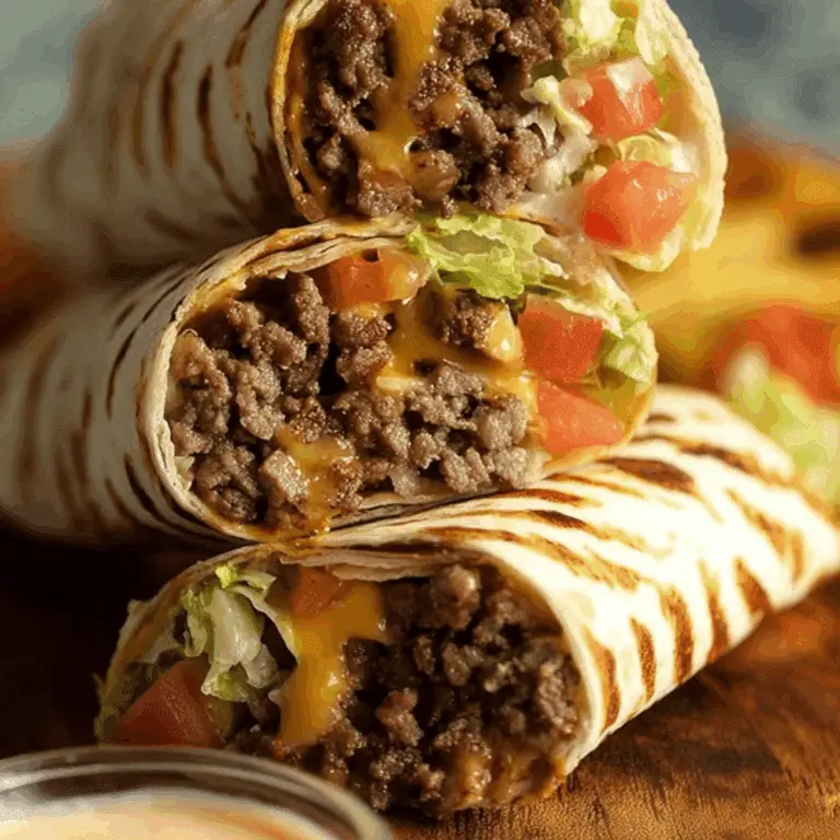 Burrito Style Cheeseburger Wraps filled with beef, bacon, cheese, and fresh veggies