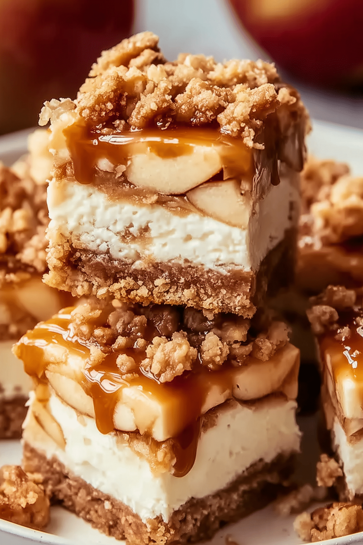 Caramel Apple Cheesecake Bars with caramel drizzle