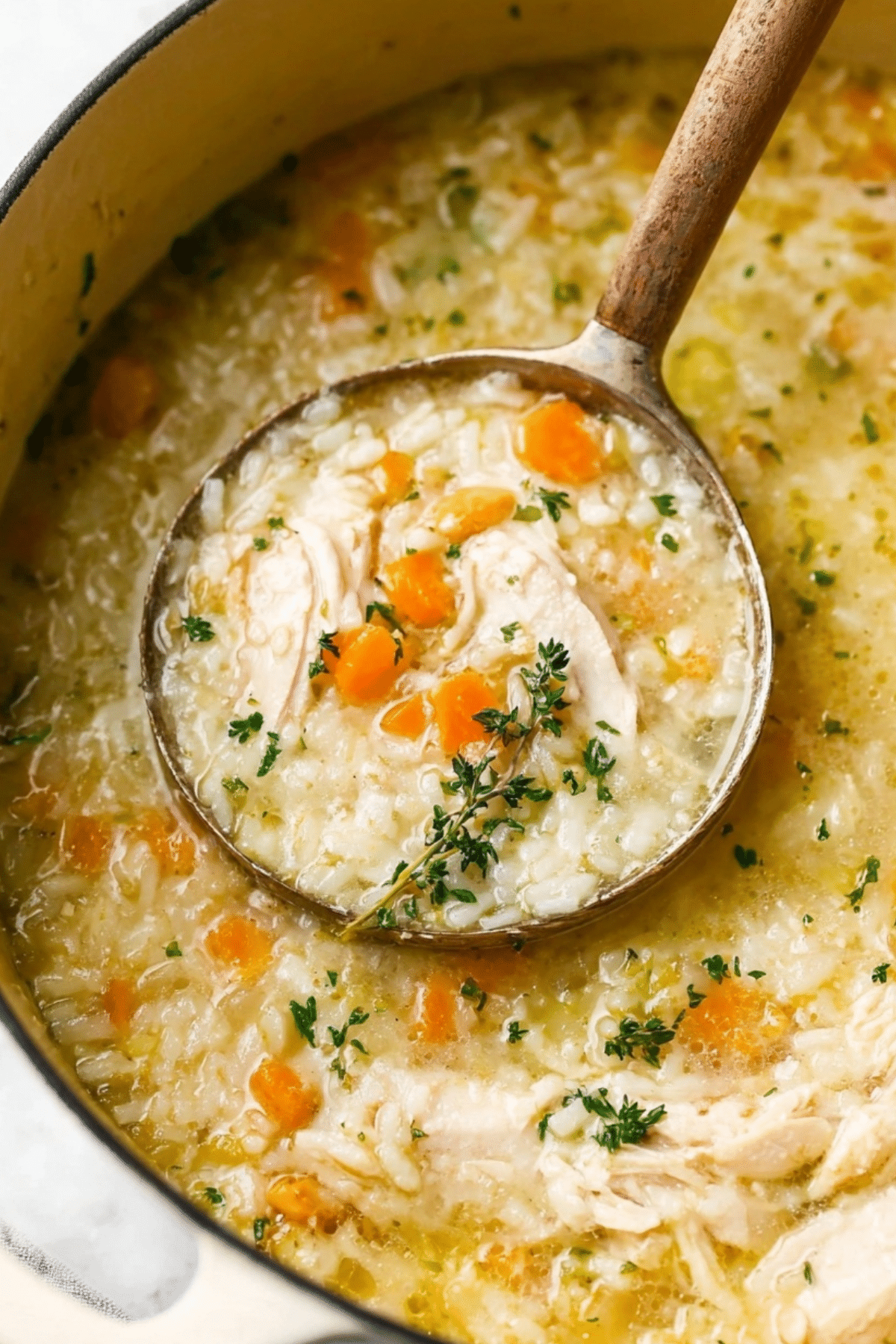 Chicken and Rice Soup in a bowl with fresh parsley garnish