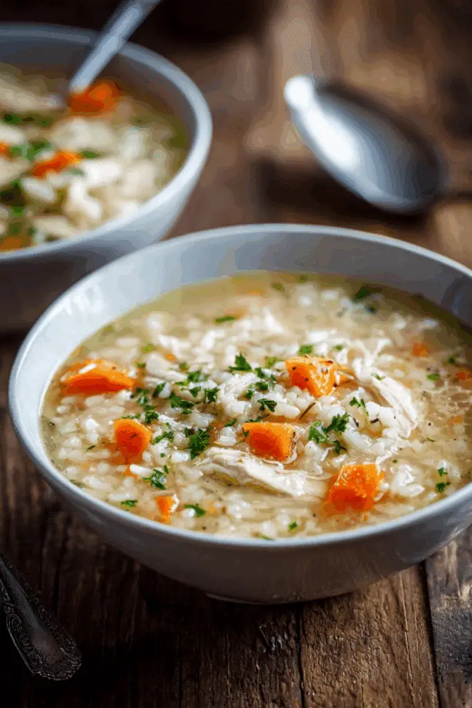 Chicken and Rice Soup in a bowl with fresh parsley garnish