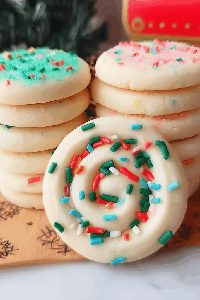 Christmas Sugar Cookies with cream cheese frosting and festive sprinkles