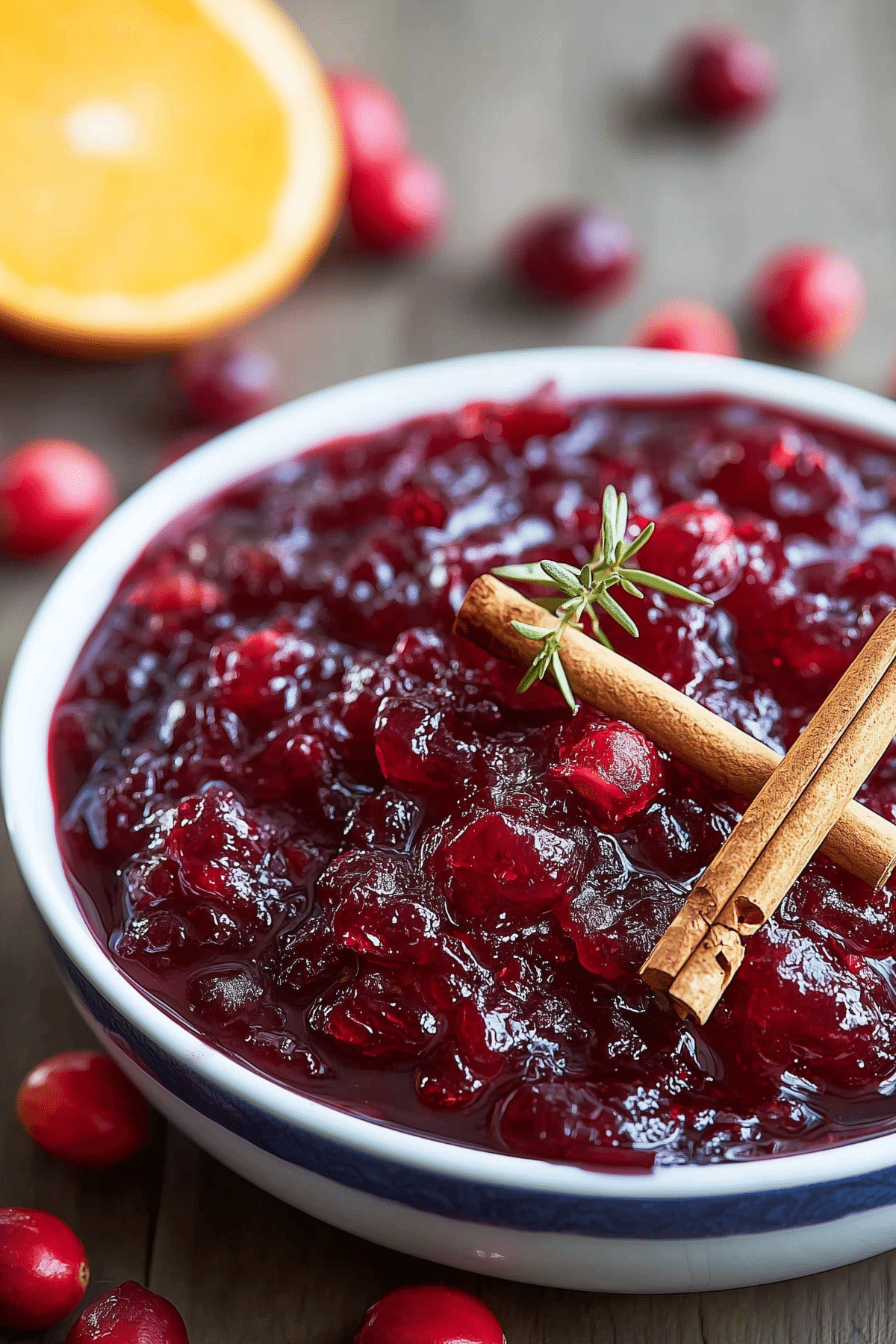 Classic Christmas Cranberry Sauce in a bowl with orange peel and cinnamon stick