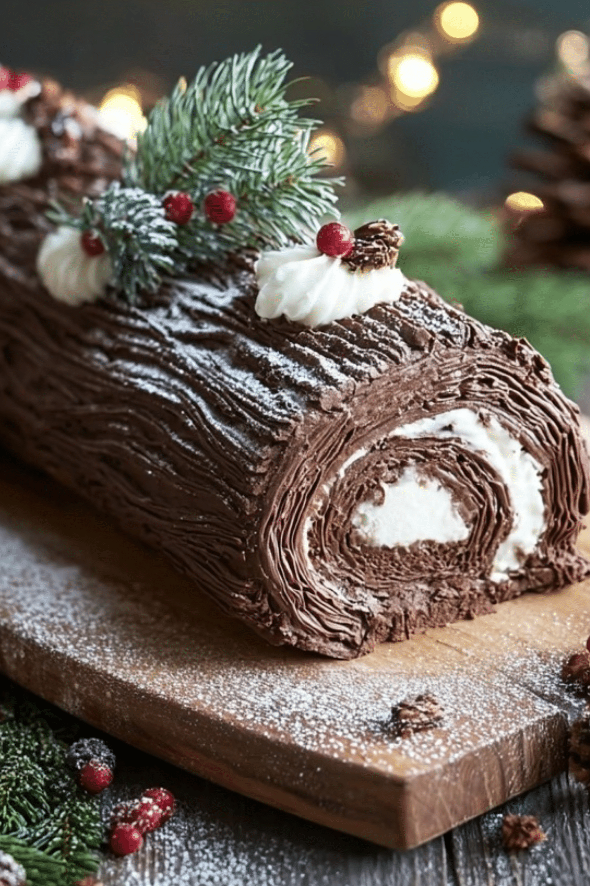 Classic Yule Log with chocolate frosting and festive decorations