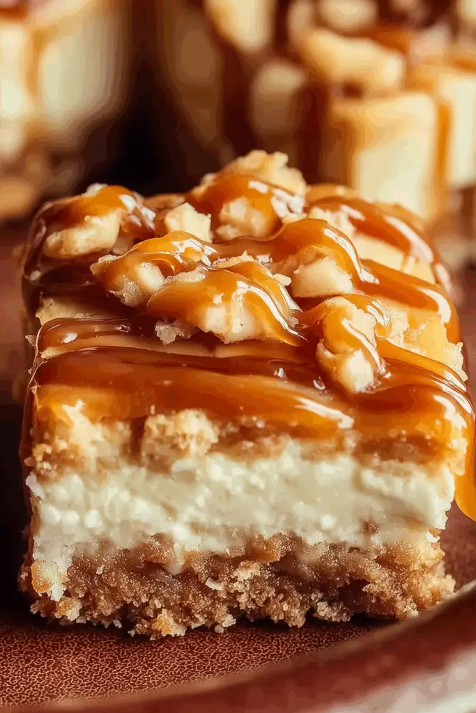 Caramel Apple Cheesecake Bars with caramel drizzle