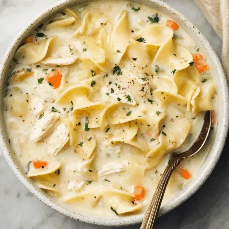 Creamy Chicken Noodle Soup with tender chicken and egg noodles