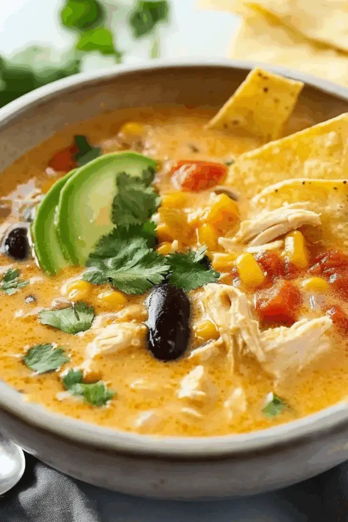 creamy chicken tortilla soup served with toppings like avocado and tortilla strips