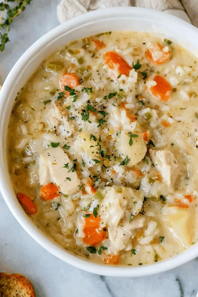 Creamy Chicken and Rice Soup with tender chicken, vegetables, and creamy broth