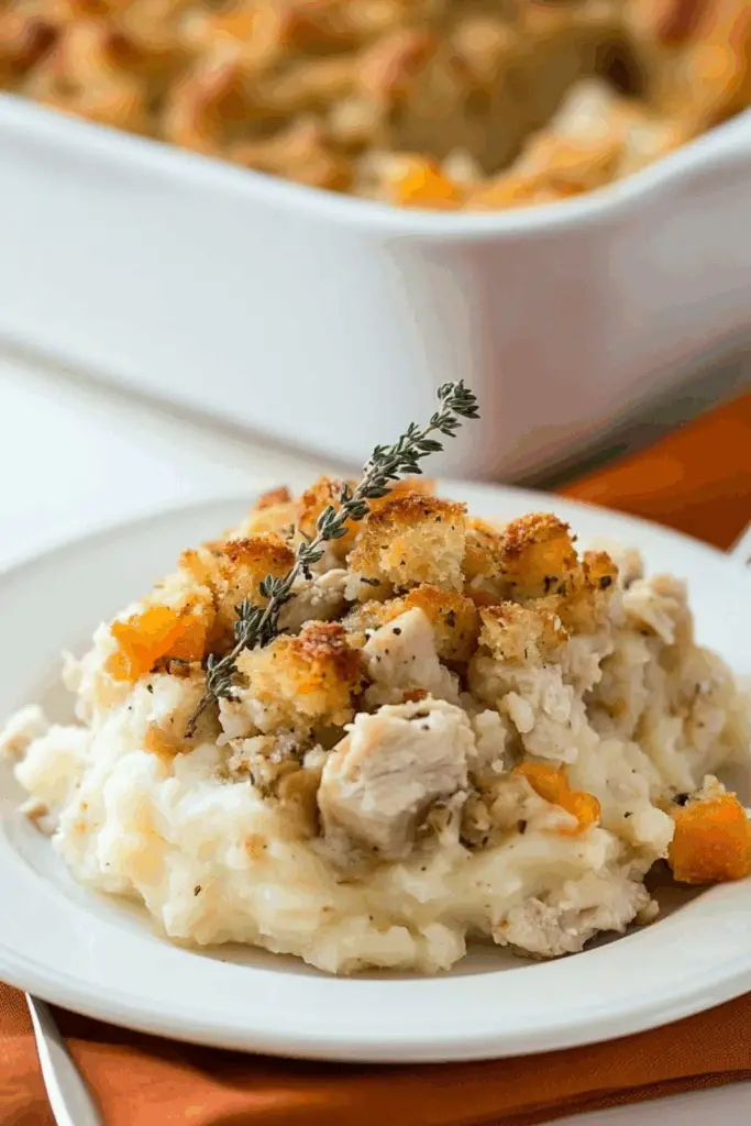 Creamy Turkey Casserole with leftover turkey and cranberry sauce
