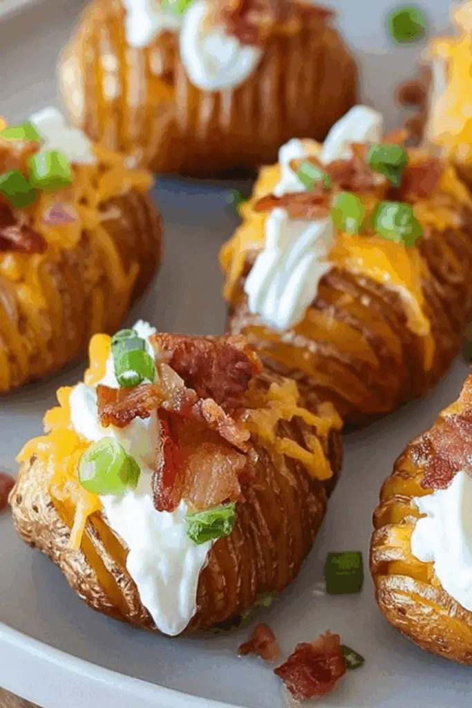 Crispy Loaded Hasselback Potato Bites with melted cheese and crispy bacon