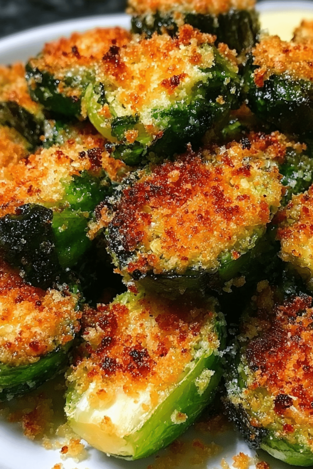 Crispy Parmesan Crusted Roasted Brussels Sprouts on a baking tray