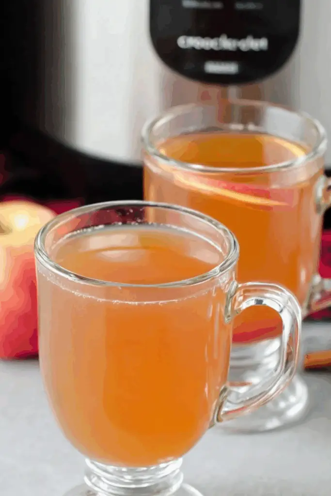 Crockpot Apple Cider served in a cup with a cinnamon stick