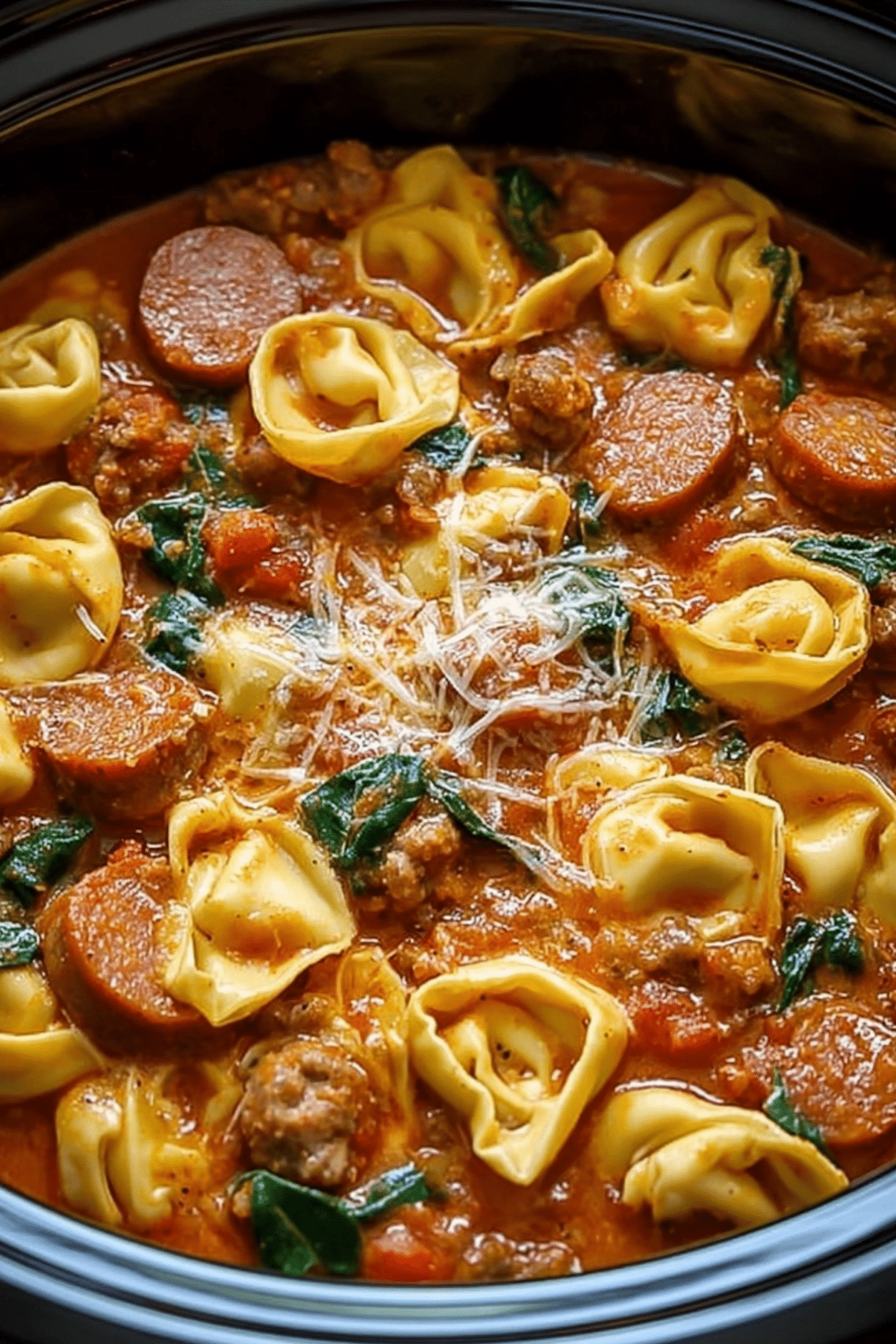 Crockpot Cheese Tortellini and Sausage in a creamy sauce