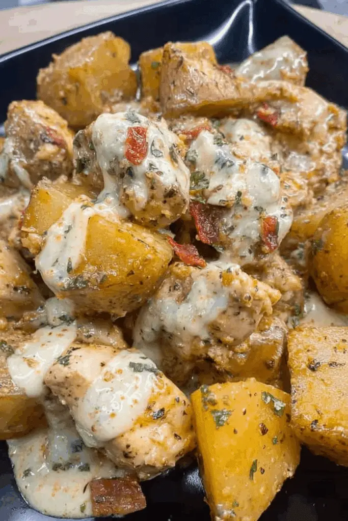 Garlic Parmesan Crockpot Chicken and Potatoes served with fresh parsley