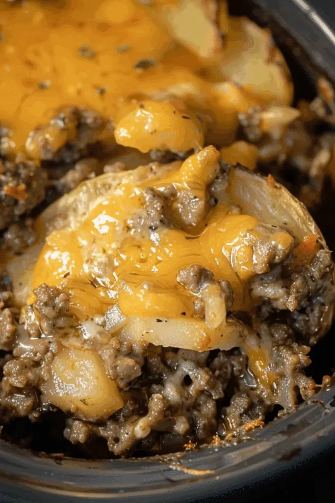 Crockpot Hamburger Potato Casserole with ground beef, cheese, and potatoes