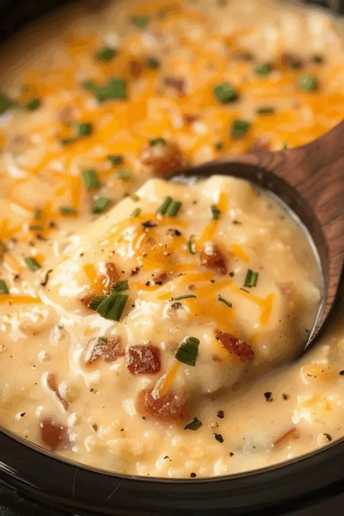 Crockpot Potato Soup served in a bowl with cheese and bacon