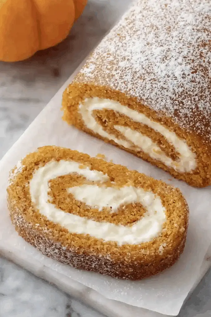 Fall Pumpkin Spice Roll Cake with cream cheese filling