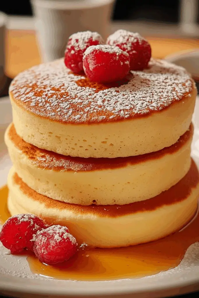 Fluffy Japanese Soufflé Pancakes stacked with whipped cream and berries