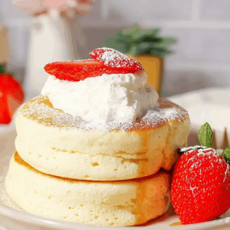 Fluffy Japanese Soufflé Pancakes stacked with whipped cream and berries
