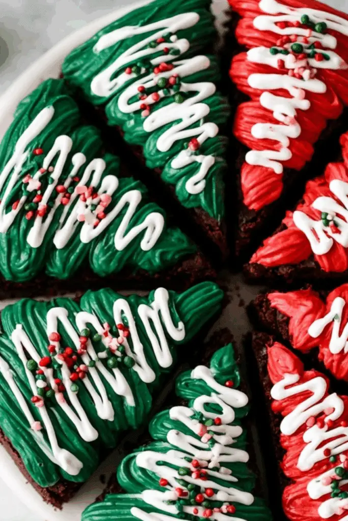 Frosted Christmas Brownies with red and green decorations for the holidays