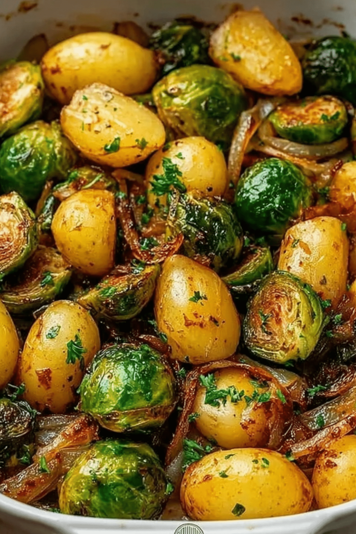 Garlic Brussels Sprouts Potatoes roasted with crispy potatoes and Brussels sprouts