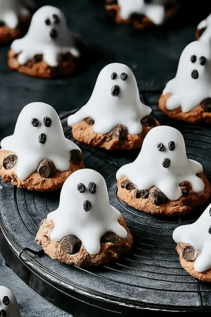 Ghost cookies decorated with black icing for Halloween