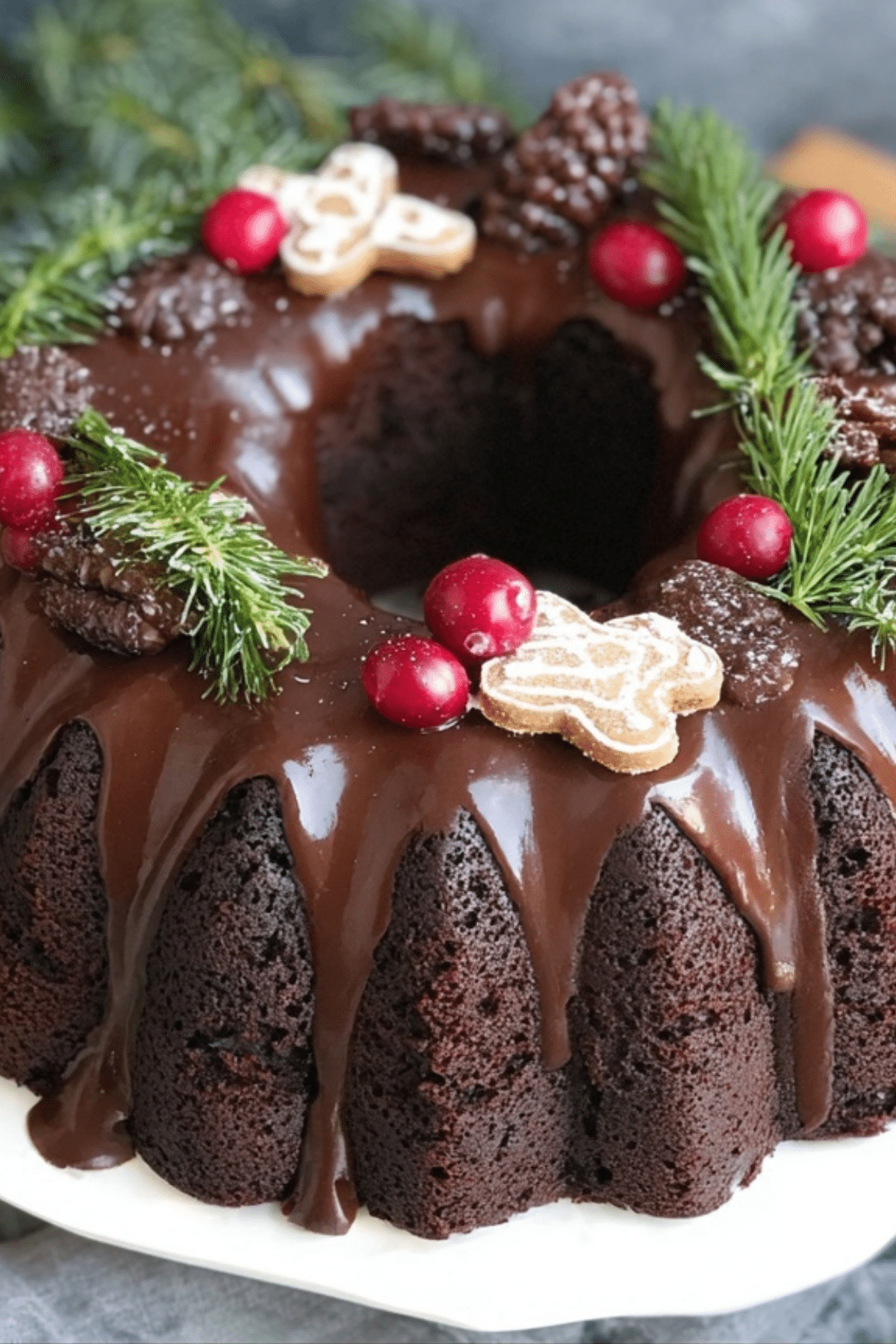 Gingerbread Chocolate Bundt Cake Christmas Wreath with cranberries and rosemary