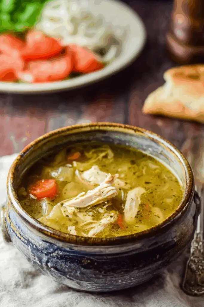 Old fashioned chicken soup with tender chicken, vegetables, and orzo pasta