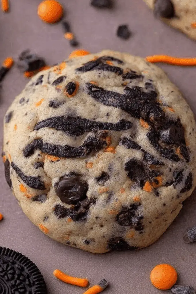 Halloween Oreo Stuffed Chocolate Chip Cookies recipe with Halloween sprinkles and orange Oreo filling