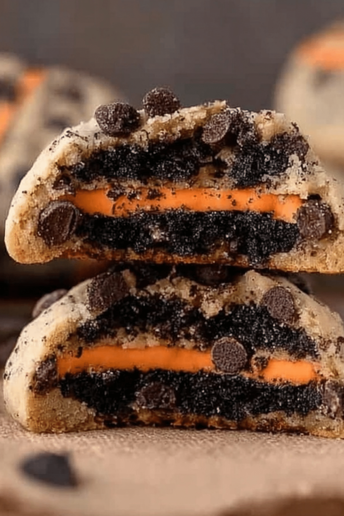 Halloween Oreo Stuffed Chocolate Chip Cookies recipe with Halloween sprinkles and orange Oreo filling