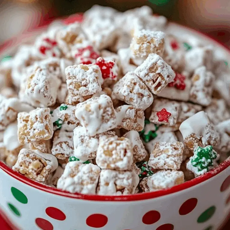 Holiday Puppy Chow made with Chex cereal, chocolate, and peanut butter