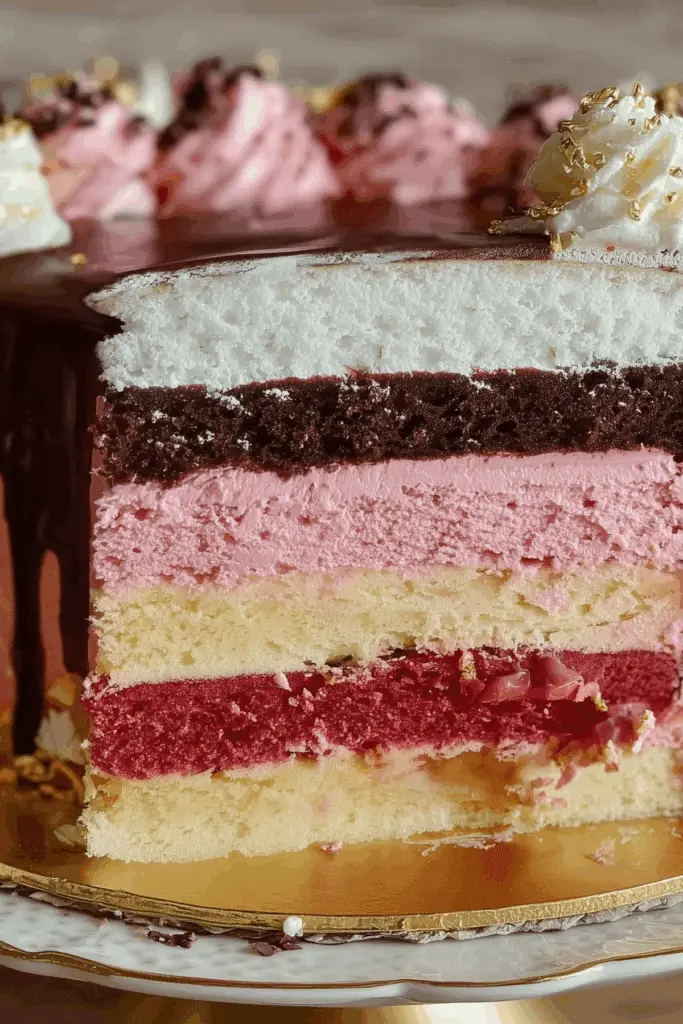 Indulge in decadent Neapolitan Cake with layers of chocolate, vanilla, and strawberry