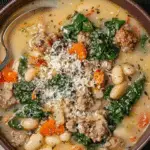 Italian Sausage and White Bean Soup served in a bowl with fresh herbs and Parmesan cheese