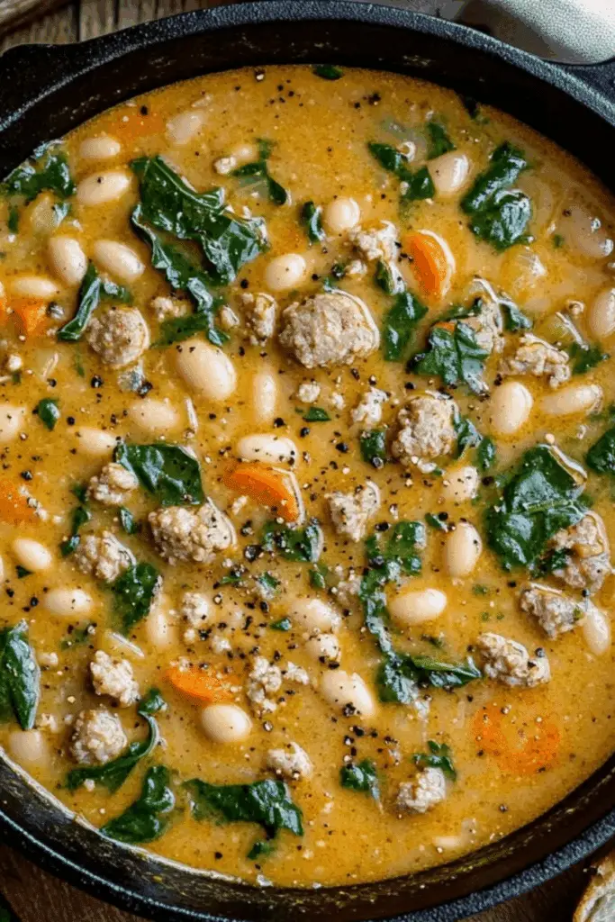 Italian Sausage and White Bean Soup served in a bowl with fresh herbs and Parmesan cheese