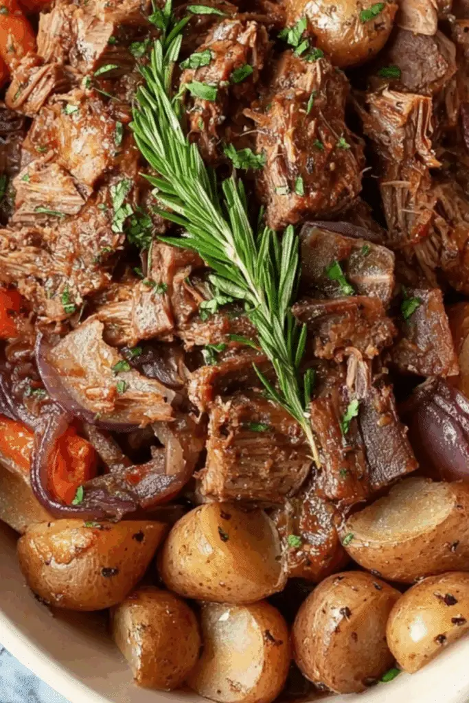 Jackfruit Pot Roast served with vegetables and gravy