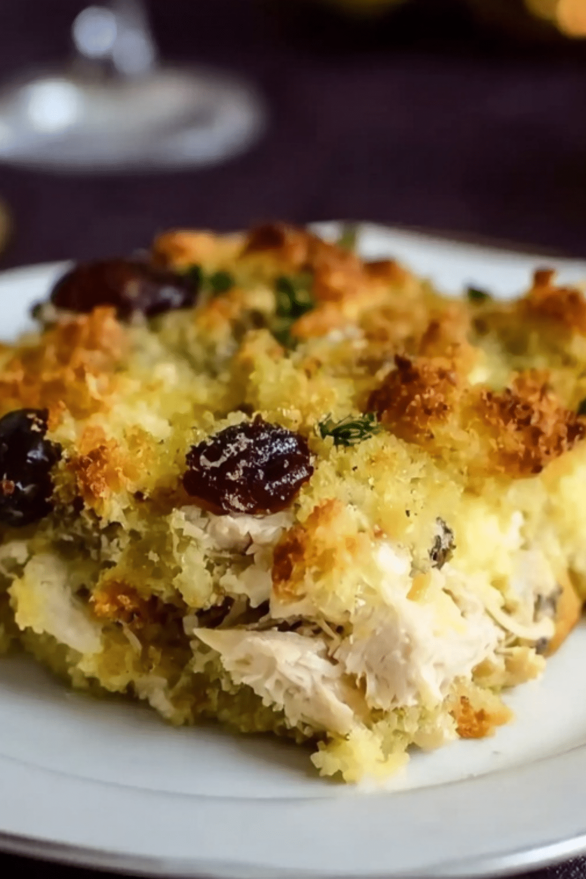 Leftover Thanksgiving Turkey Casserole served with cranberry garnish