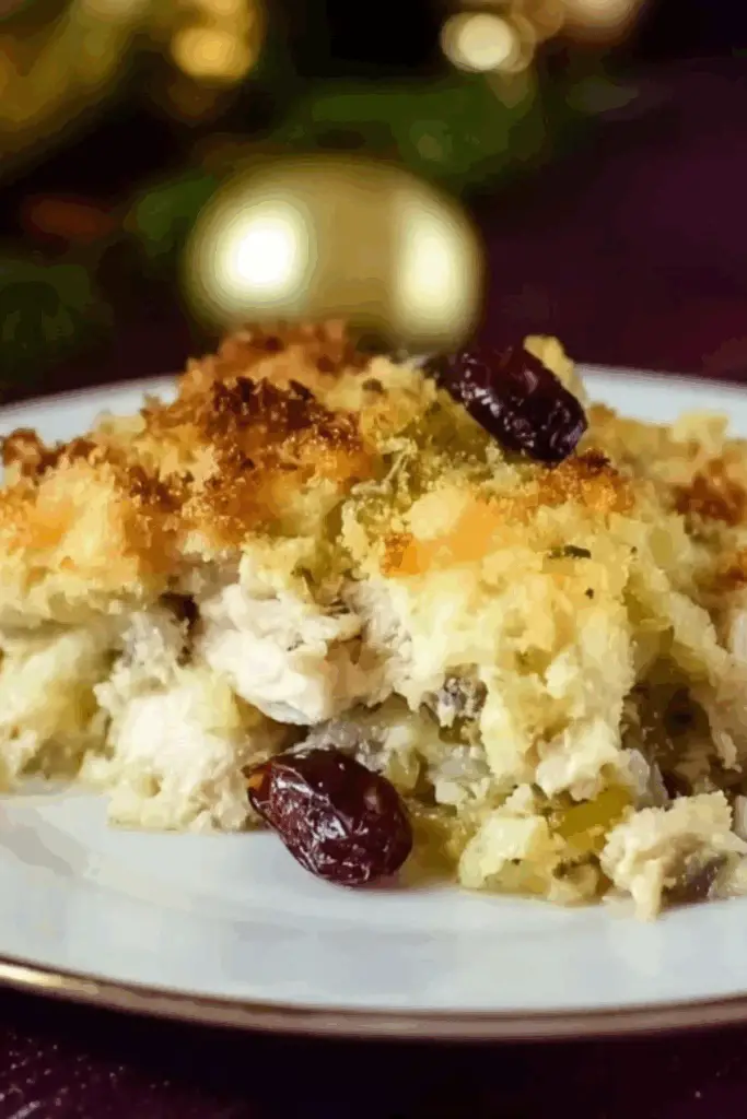 Leftover Thanksgiving Turkey Casserole served with cranberry garnish