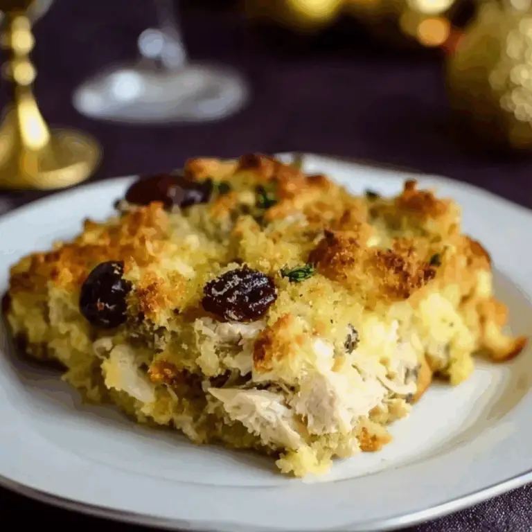 Leftover Thanksgiving Turkey Casserole served with cranberry garnish