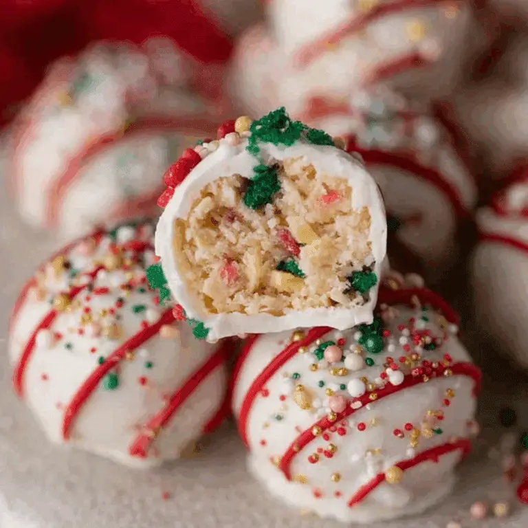 Little Debbie Christmas Tree Cake Truffles coated in white chocolate with festive sprinkles