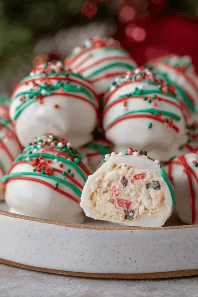 Little Debbie Christmas Tree Cake Truffles coated in white chocolate with festive sprinkles
