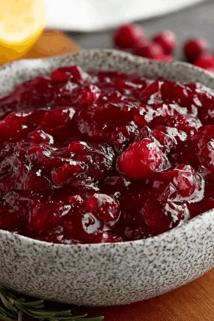 Luscious homemade cranberry sauce served in a bowl with fresh cranberries