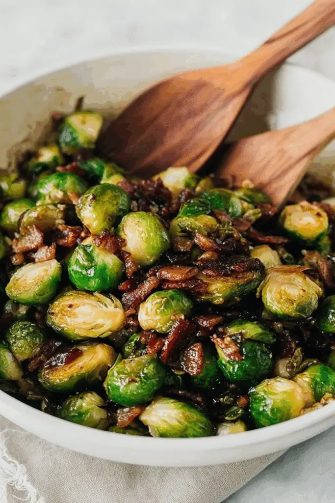Maple Bacon Brussels Sprouts on a plate with crispy bacon and pecans